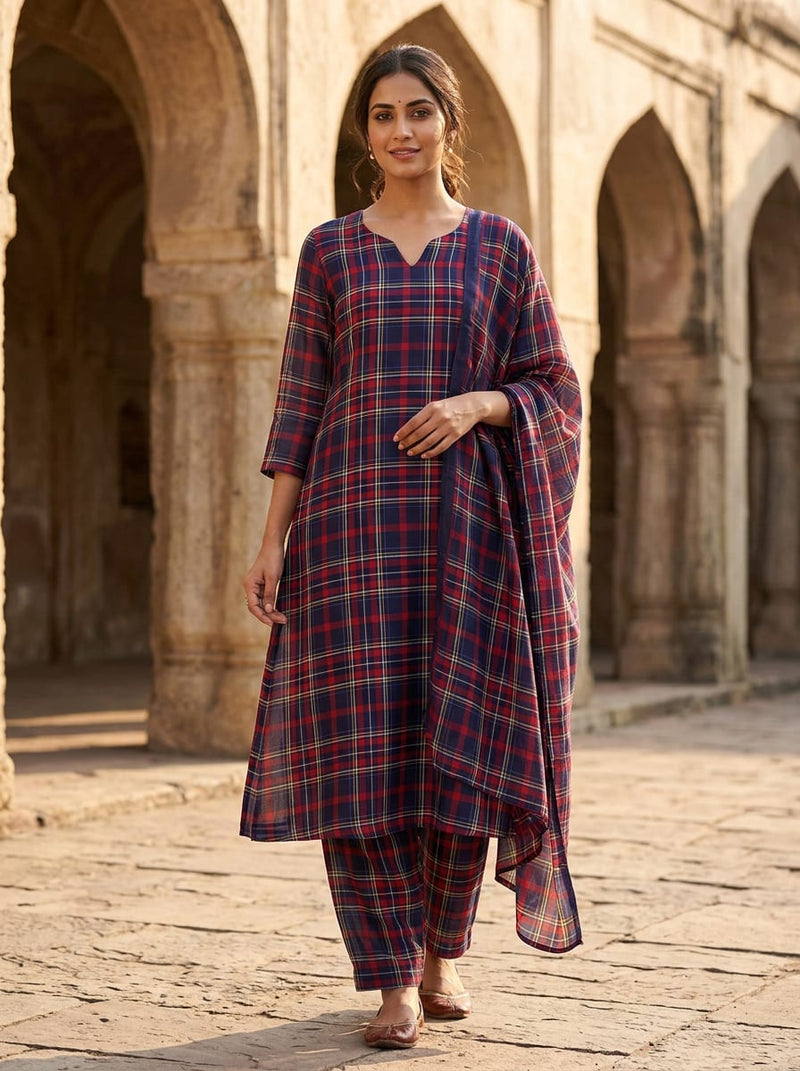 Multicolor Classic Tartan Check Pattern Kora Silk Digital Printed Fabric