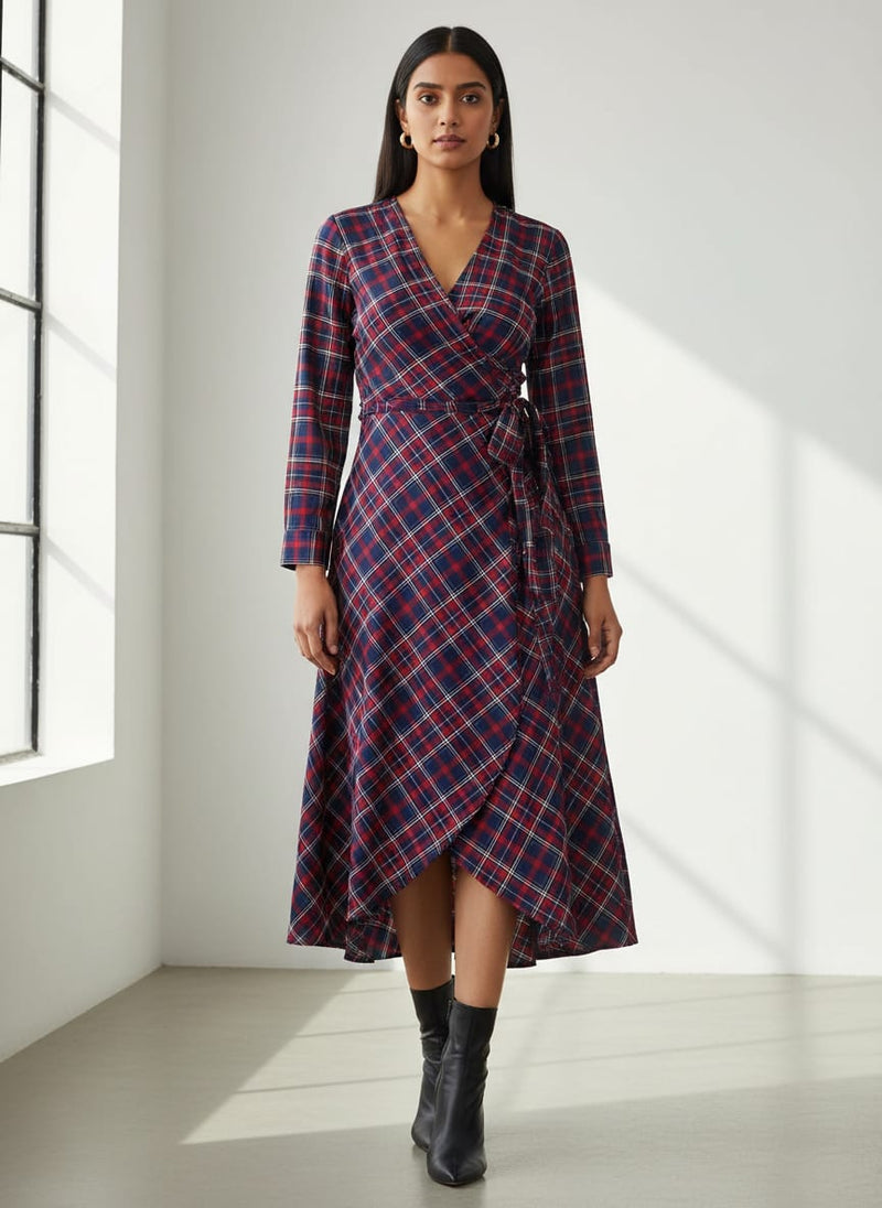 Gingham Pattern With Red And Blue Colour Digital Printed Fabric - Crepe