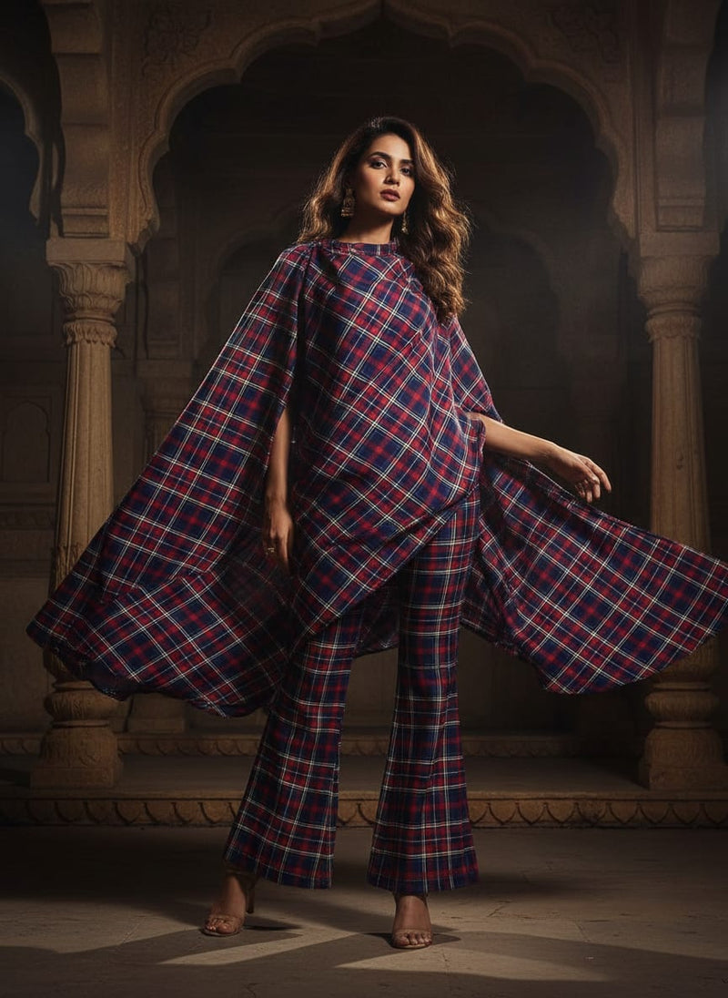 Gingham Pattern With Red And Blue Colour Digital Printed Fabric - Crepe