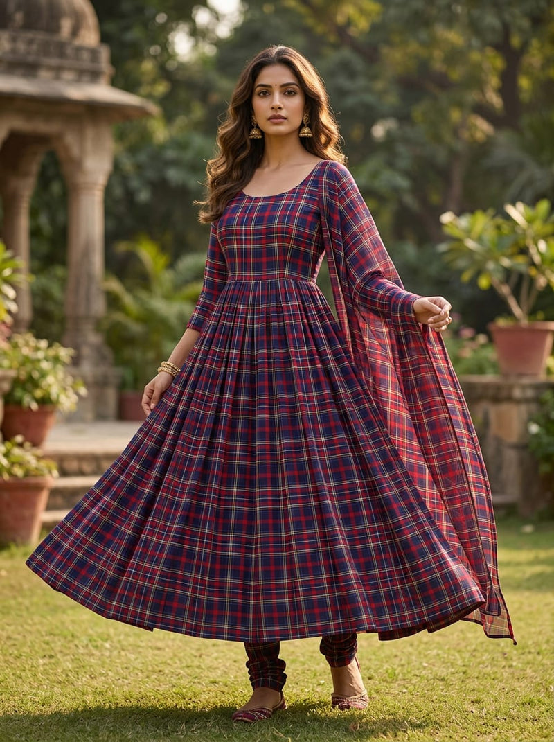 Navy Classic Tartan Plaid Check Silk Crepe Digital Printed Fabric
