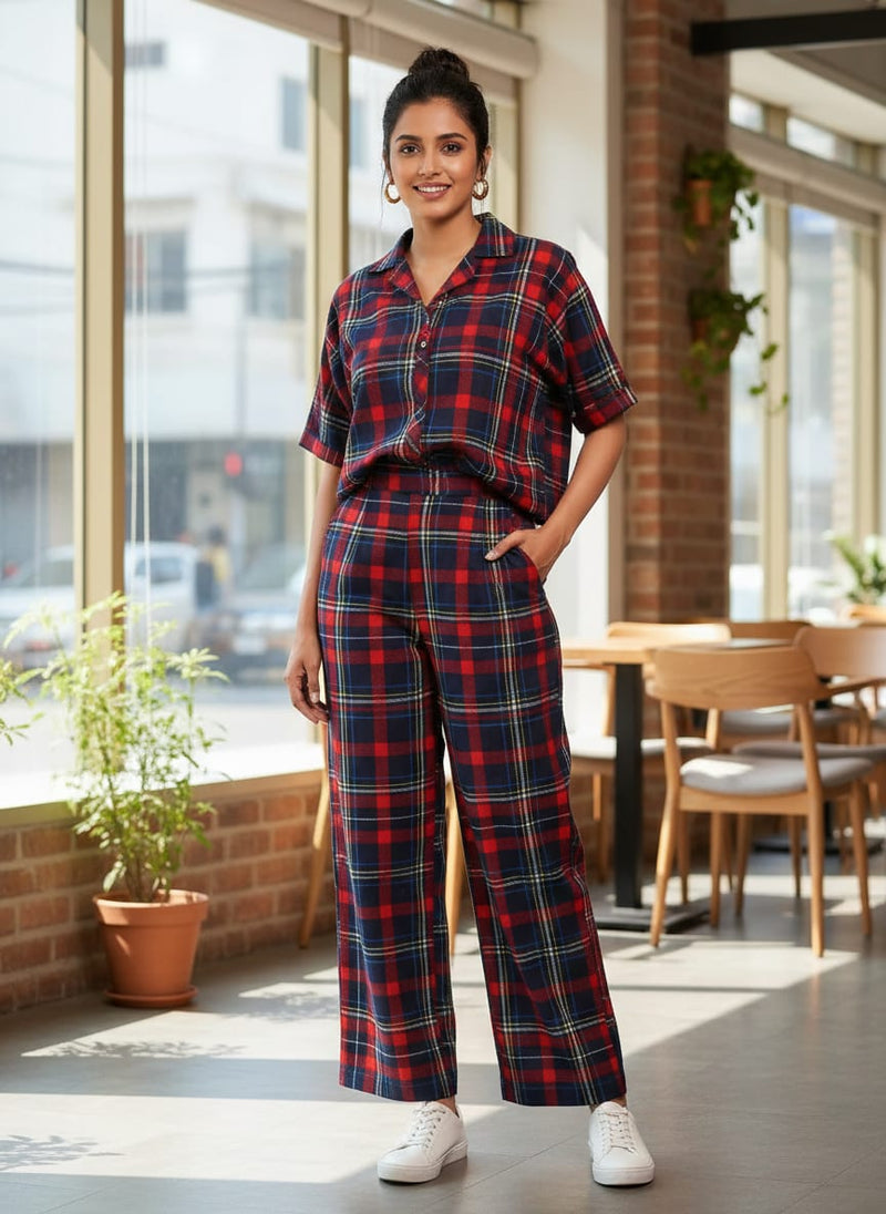 Gingham Pattern With Red And Blue Colour Digital Printed Fabric - Pure Cotton