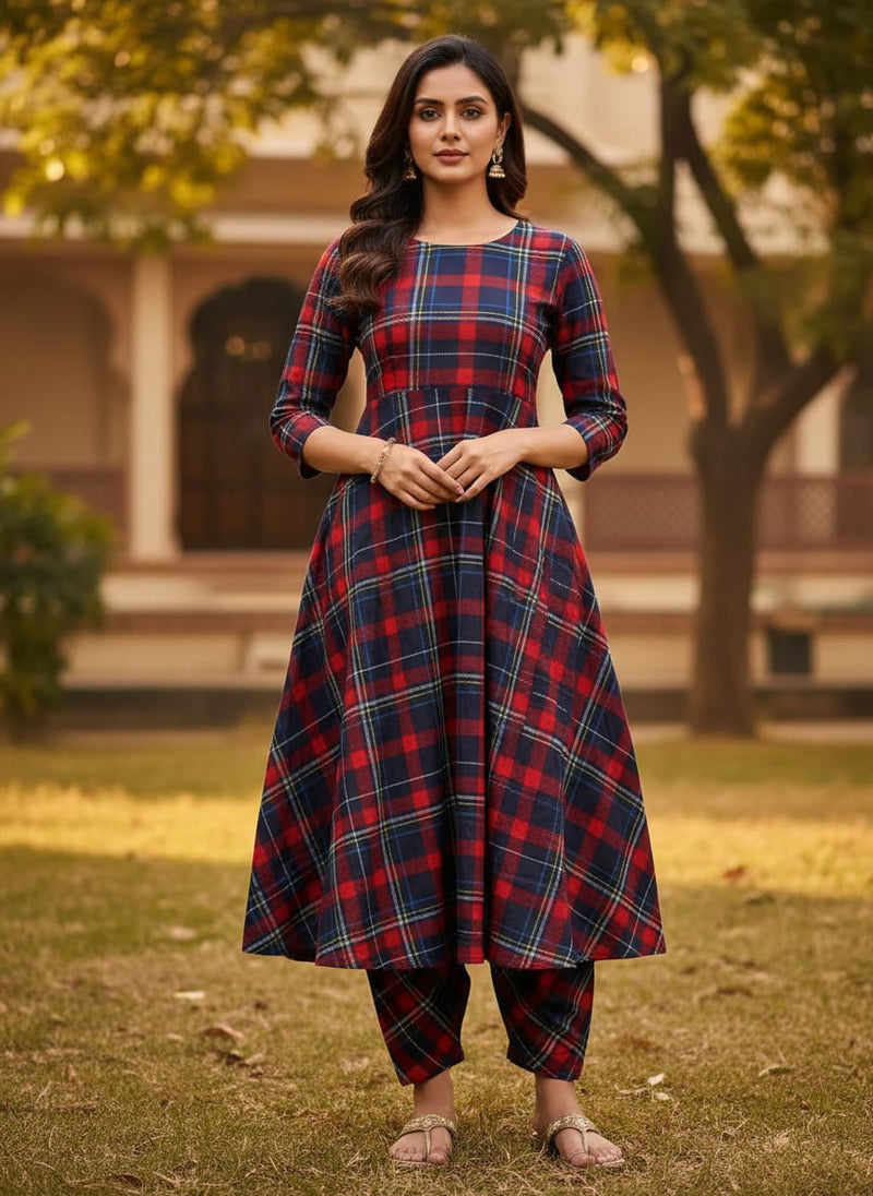 Gingham Pattern With Red And Blue Colour Digital Printed Fabric - Pure Cotton