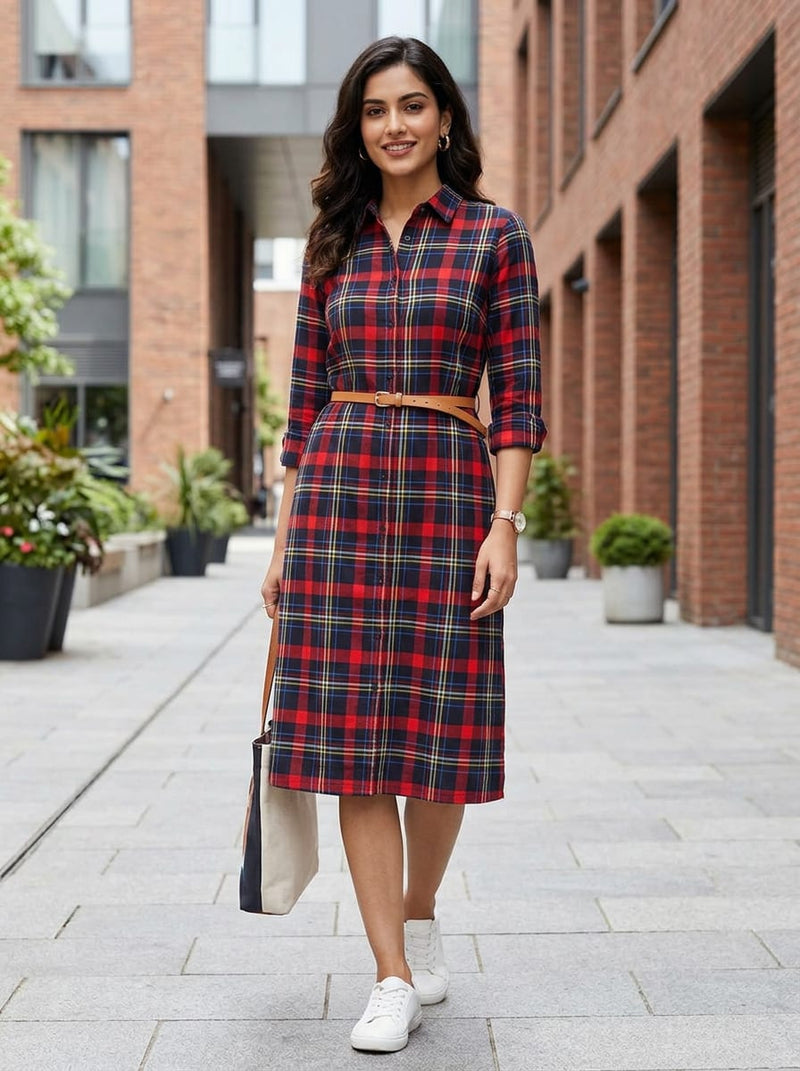 Red Red Navy Checkered Plaid Pure Cotton Digital Printed Fabric
