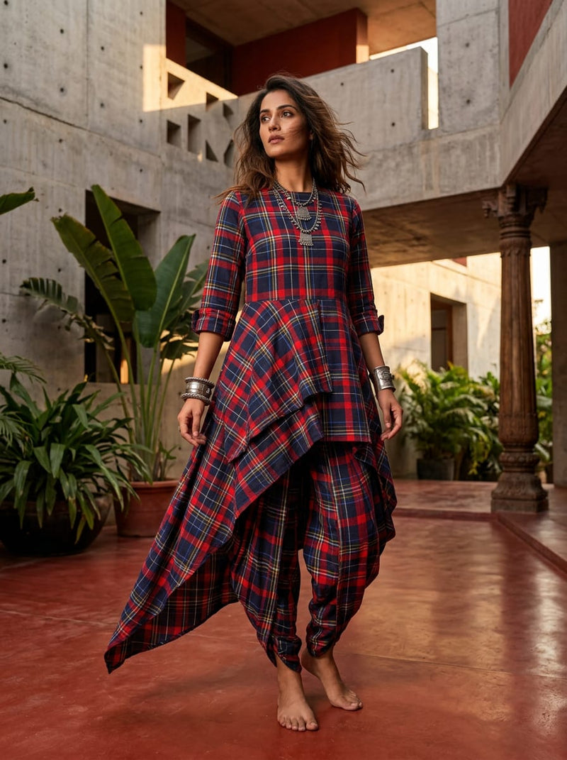 Red Red Navy Checkered Plaid Pure Cotton Digital Printed Fabric
