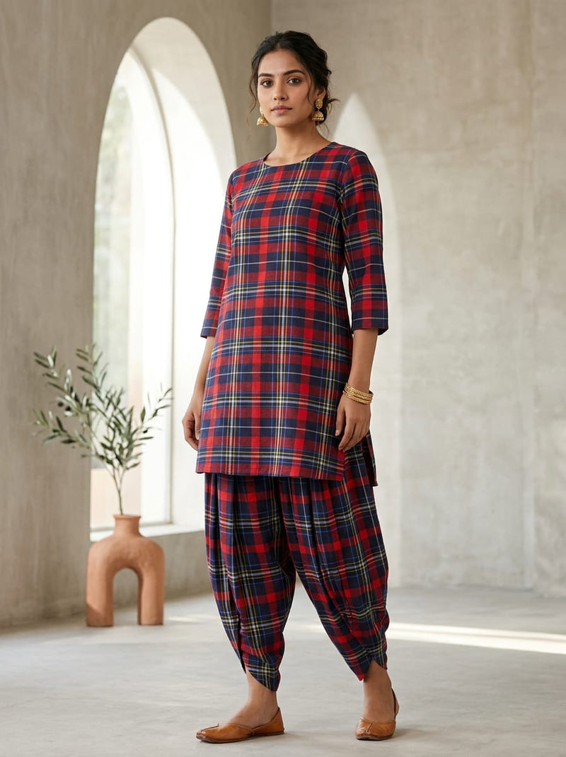 Red Red Navy Checkered Plaid Pure Cotton Digital Printed Fabric