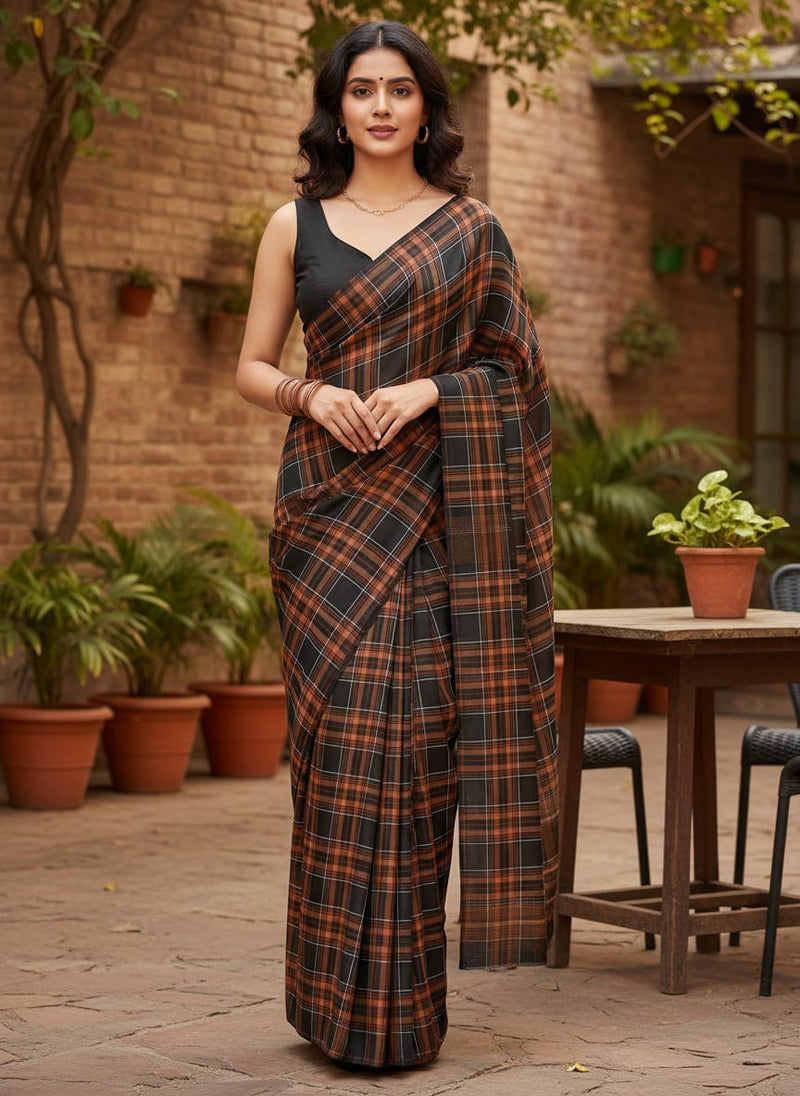 Morden Browny Checkered Digital Printed Fabric - Japan Satin