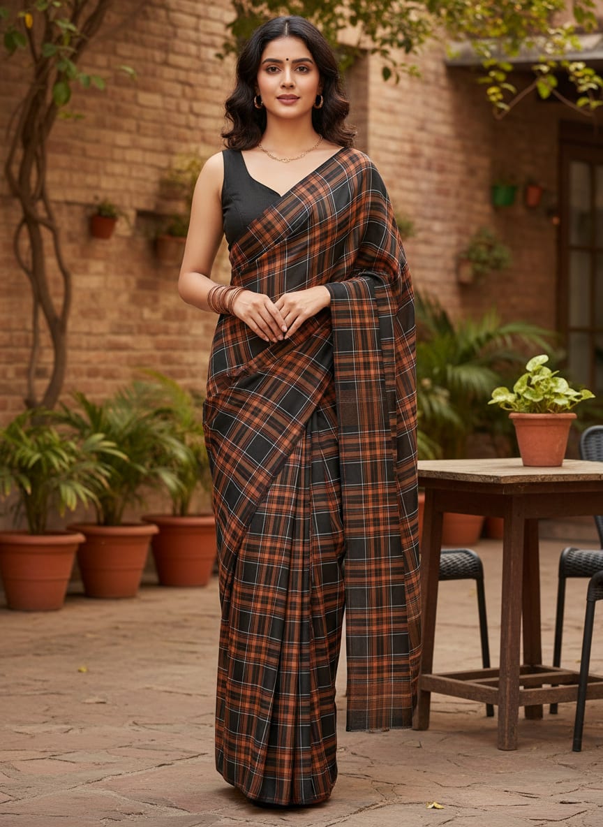 Morden Browny Checkered Digital Printed Fabric - Japan Satin