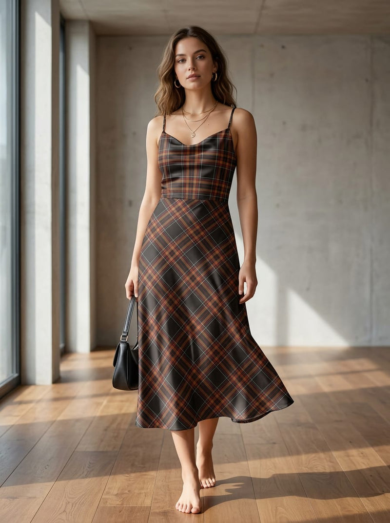 Black and Brown Classic Plaid Checkered Japan Satin Digital Printed Fabric