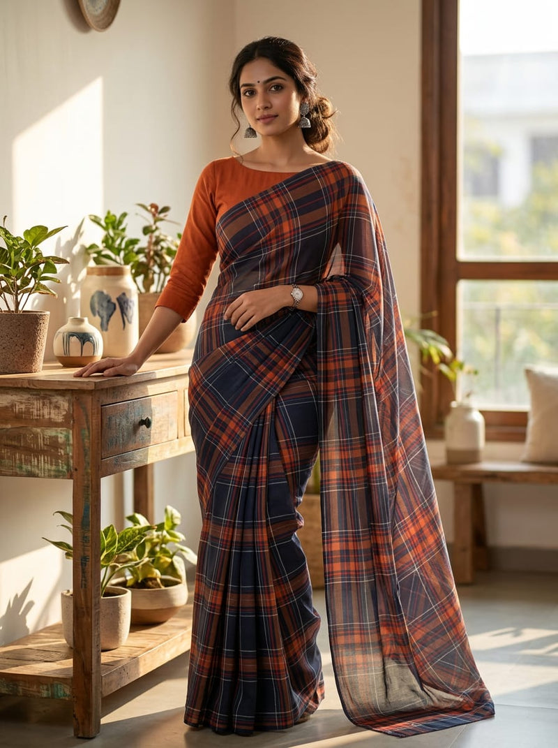 Navy and Orange Tartan Plaid Checkered Weightless Digital Printed Fabric