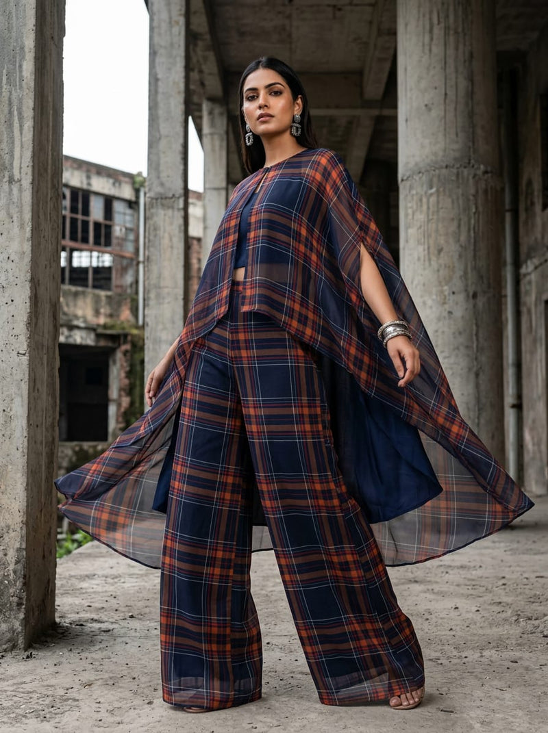 Navy and Orange Tartan Plaid Checkered Weightless Digital Printed Fabric