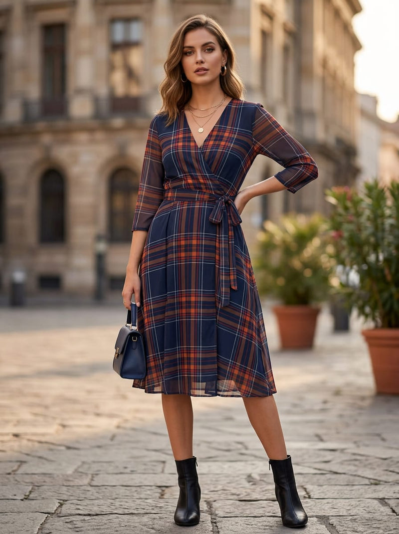 Navy and Orange Tartan Plaid Checkered Weightless Digital Printed Fabric
