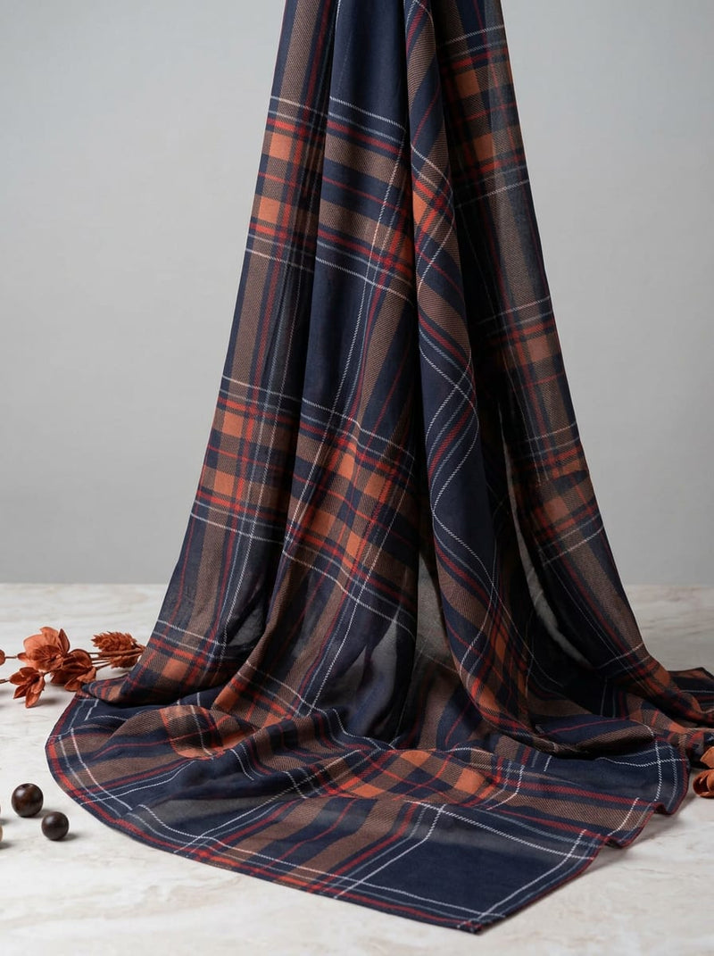 Navy and Orange Tartan Plaid Checkered Weightless Digital Printed Fabric