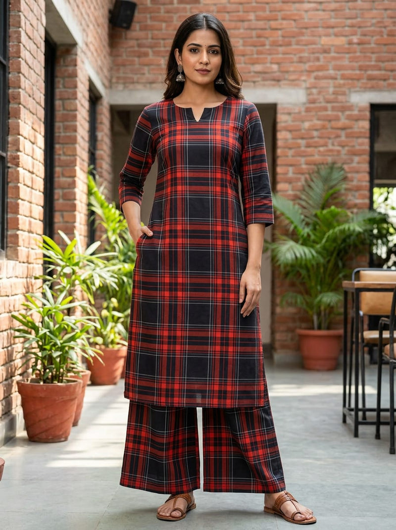 Black Classic Red and Black Tartan Checkered Pure Cotton Digital Printed Fabric