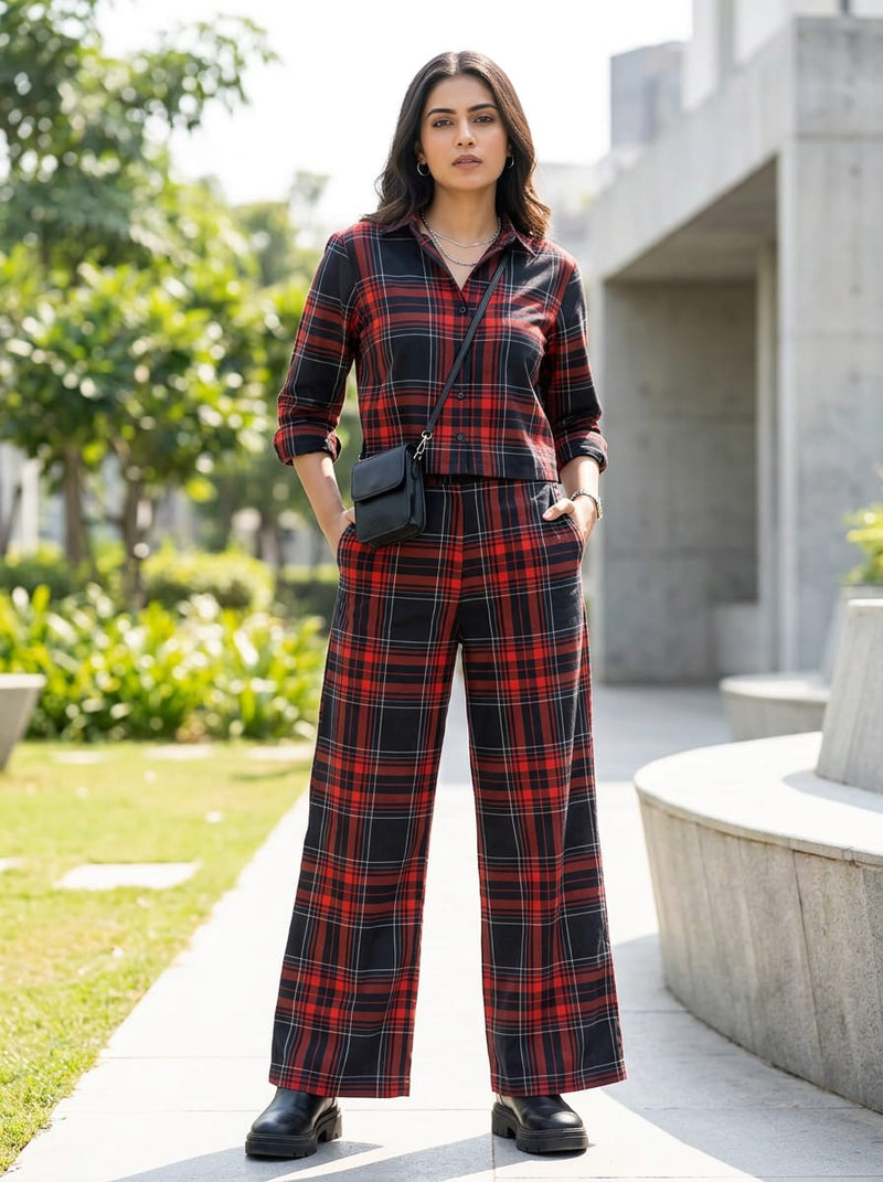 Black Classic Red and Black Tartan Checkered Pure Cotton Digital Printed Fabric
