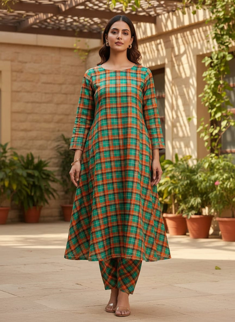 Multicolor Teal and Orange Tartan Check Tusser Silk Digital Printed Fabric