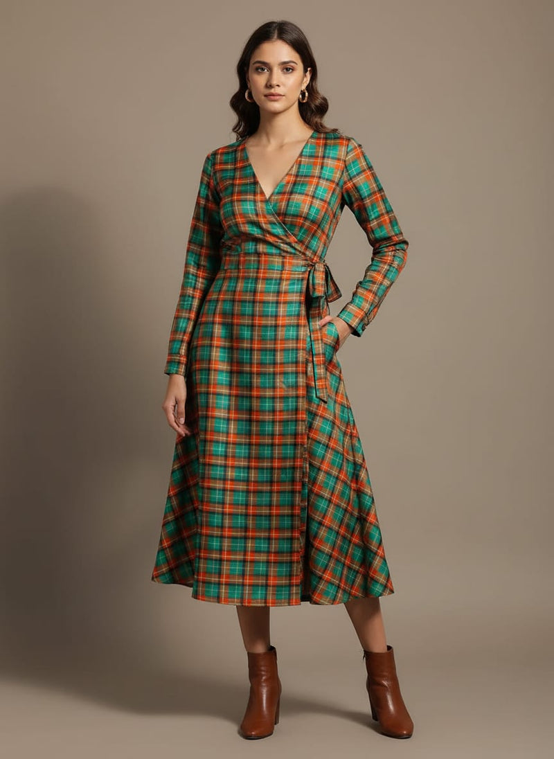 Multicolor Teal and Orange Tartan Check Tusser Silk Digital Printed Fabric