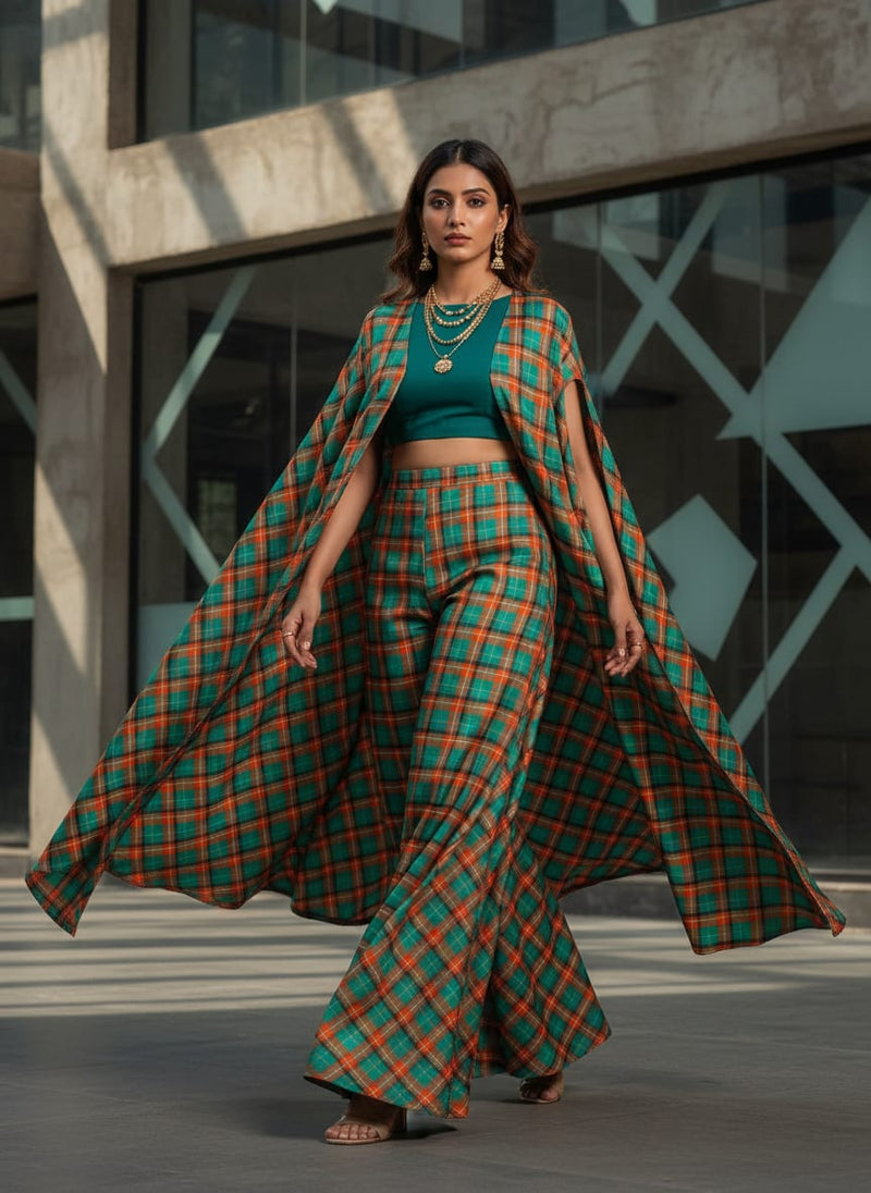Multicolor Teal and Orange Tartan Check Tusser Silk Digital Printed Fabric