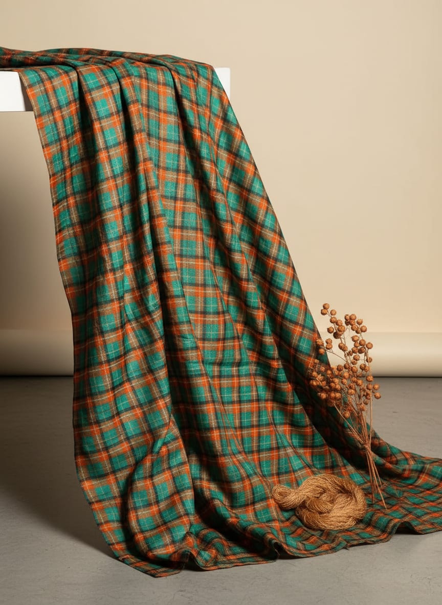 Multicolor Teal and Orange Tartan Check Tusser Silk Digital Printed Fabric