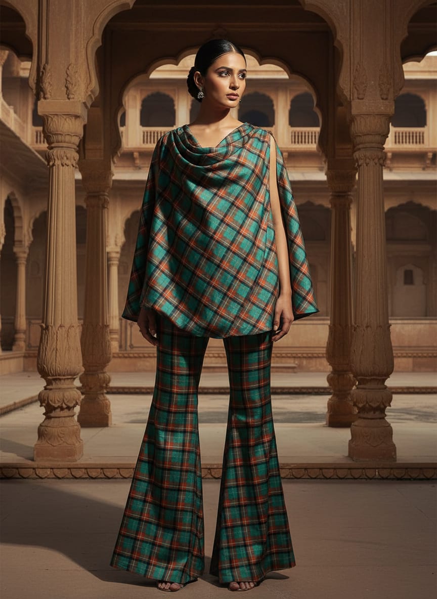 Multicolor Tartan Checkered Pattern Silk Crepe Digital Printed Fabric