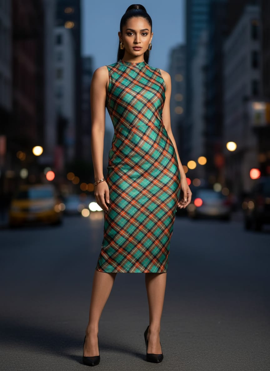 Multicolor Tartan Checkered Pattern Silk Crepe Digital Printed Fabric