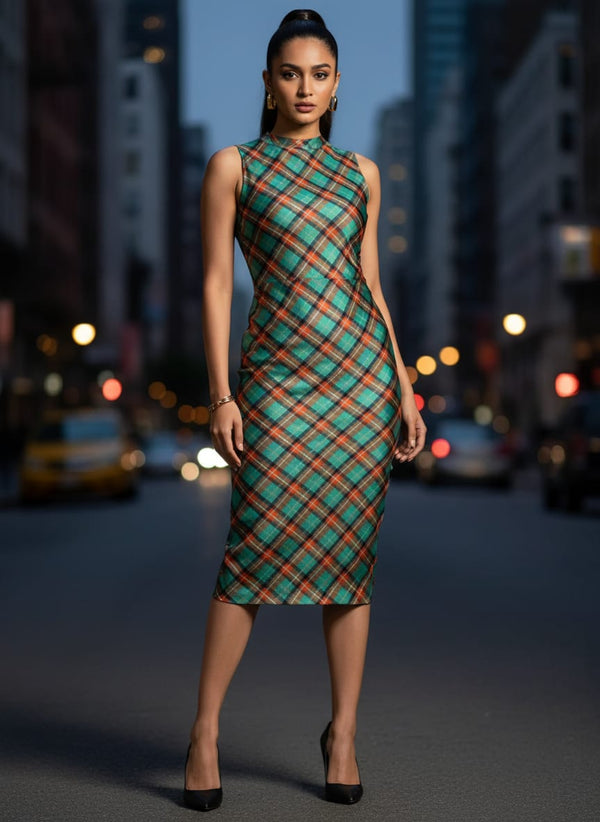 Multicolor Tartan Checkered Pattern Silk Crepe Digital Printed Fabric - Bodycon Midi Dress Lookbook - CR-0-TA08598-110 - alternate view