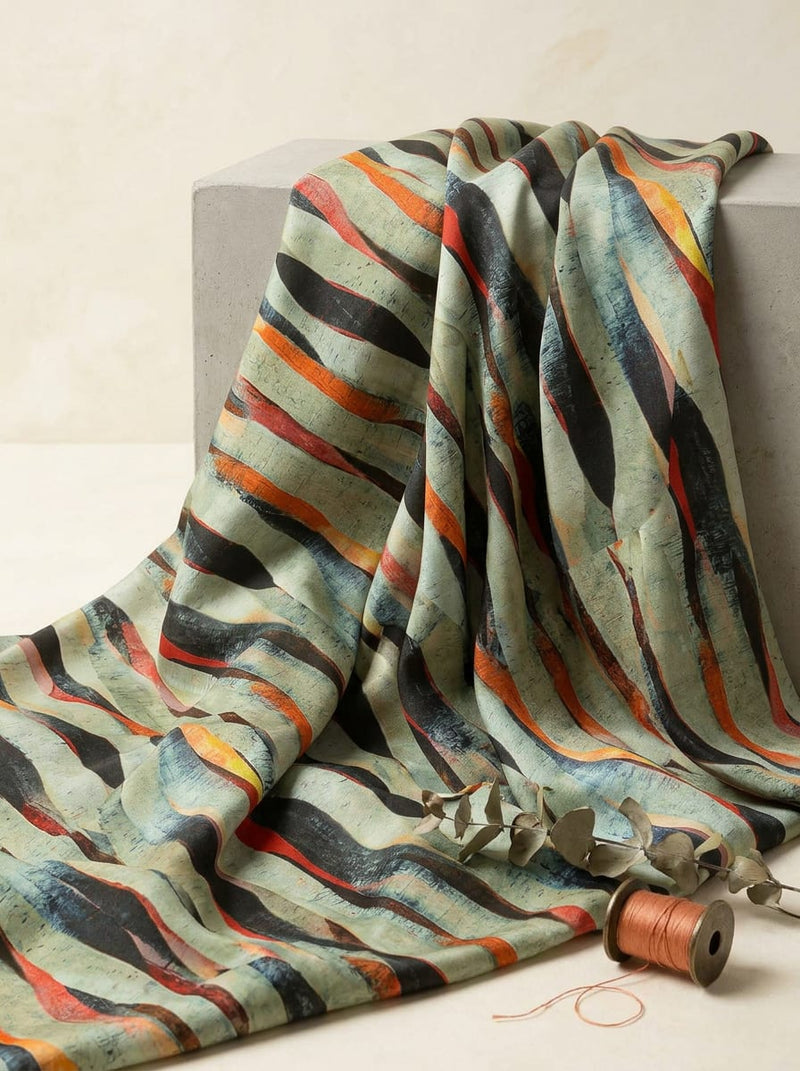 Multicolor Abstract Wavy Brushstroke Stripes Japan Satin Digital Printed Fabric