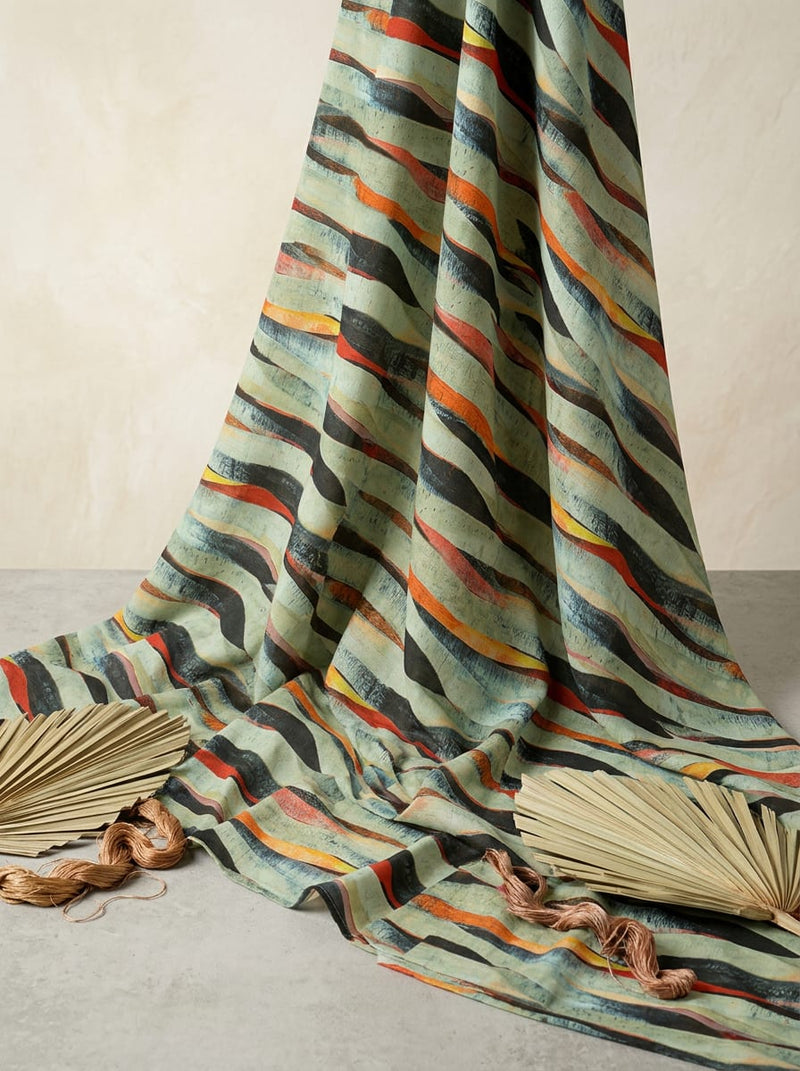 Multicolor Abstract Wavy Brushstroke Stripes Muslin Digital Printed Fabric