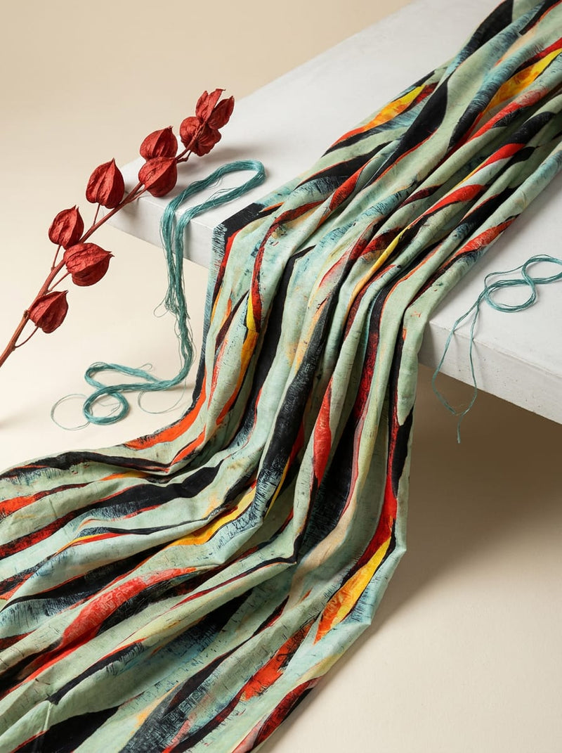 Multicolor Abstract Wavy Brushstroke Stripes Pure Cotton Digital Printed Fabric