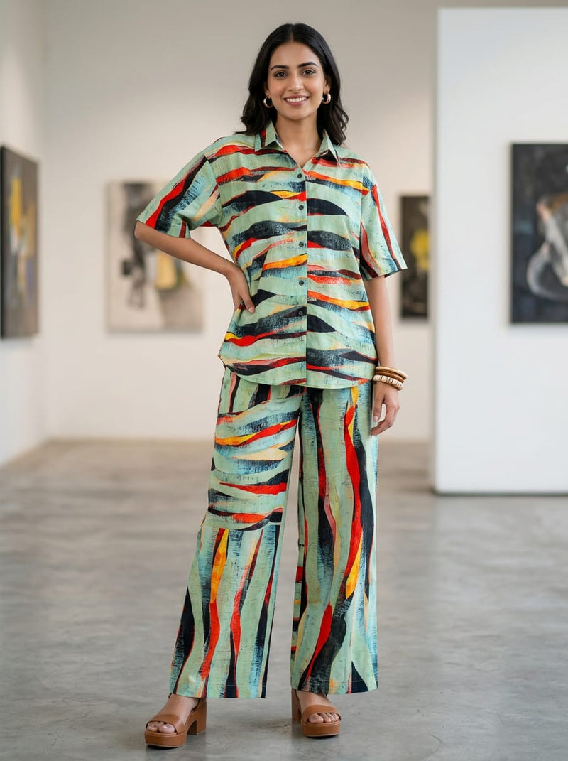 Multicolor Abstract Wavy Brushstroke Stripes Pure Cotton Digital Printed Fabric