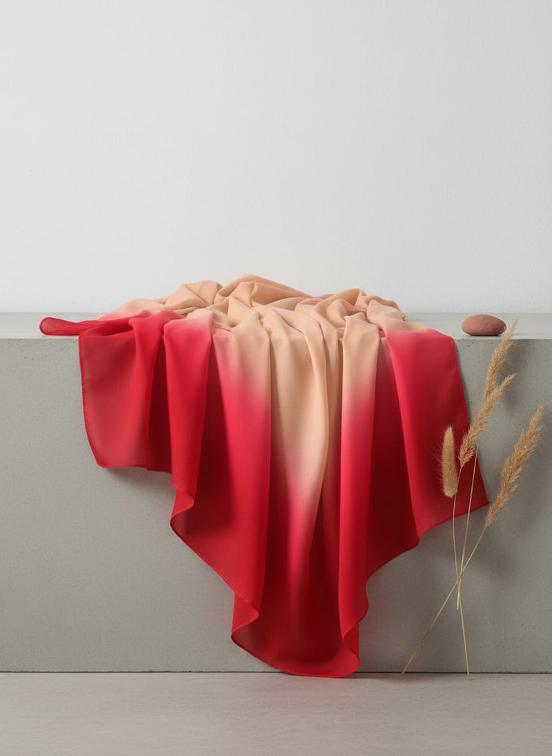Red and Peach Tie-Dye Gradient Kora Silk Digital Printed Fabric