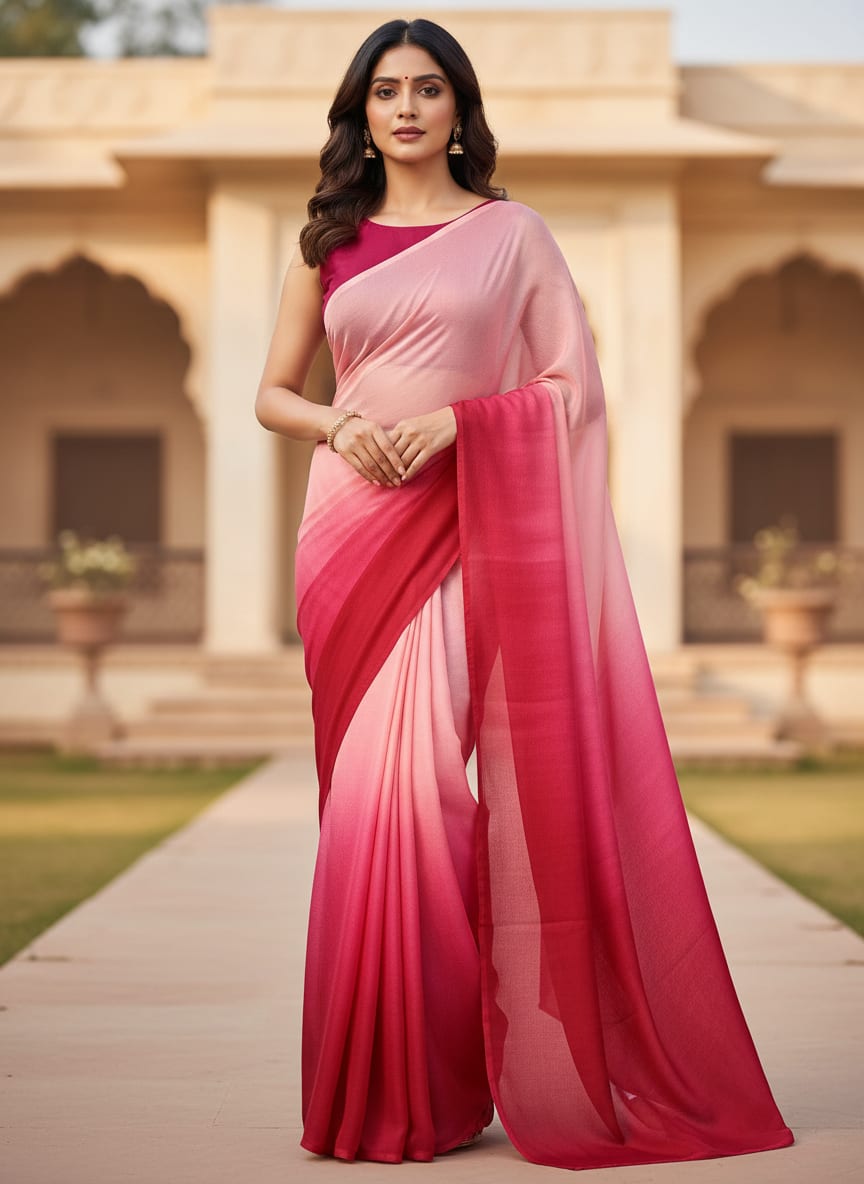 Pink and Red Ombre Gradient Silk Crepe Digital Printed Fabric