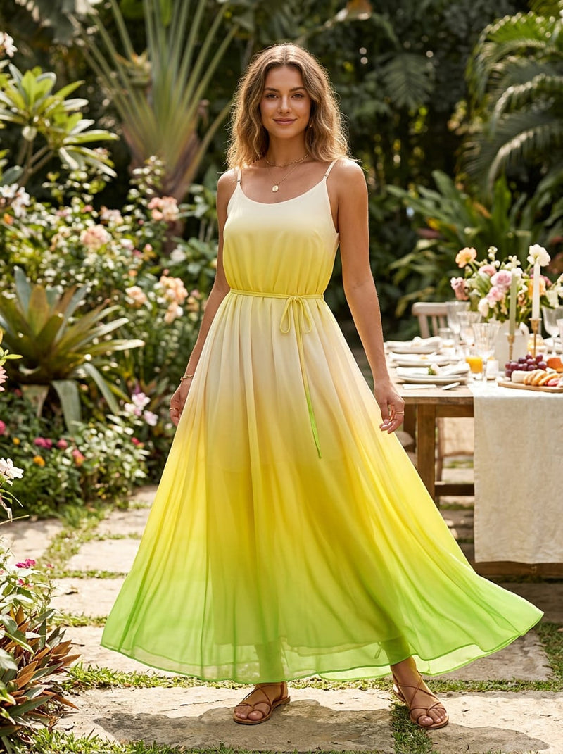 Multicolor Green Yellow Ombre Weightless Digital Printed Fabric