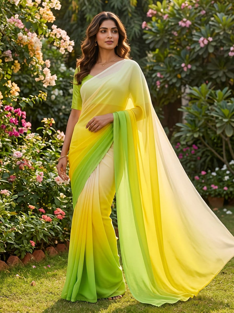 Multicolor Green Yellow and Cream Ombre Pure Georgette Digital Printed Fabric