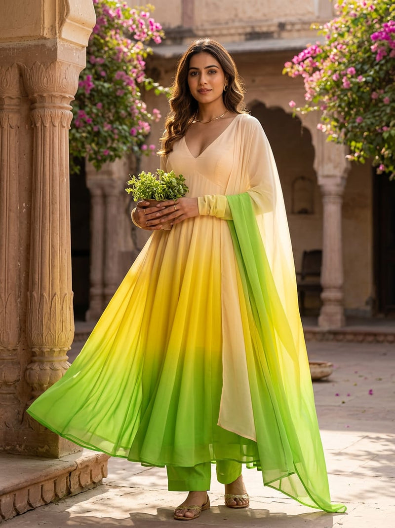 Multicolor Green Yellow and Cream Ombre Pure Georgette Digital Printed Fabric