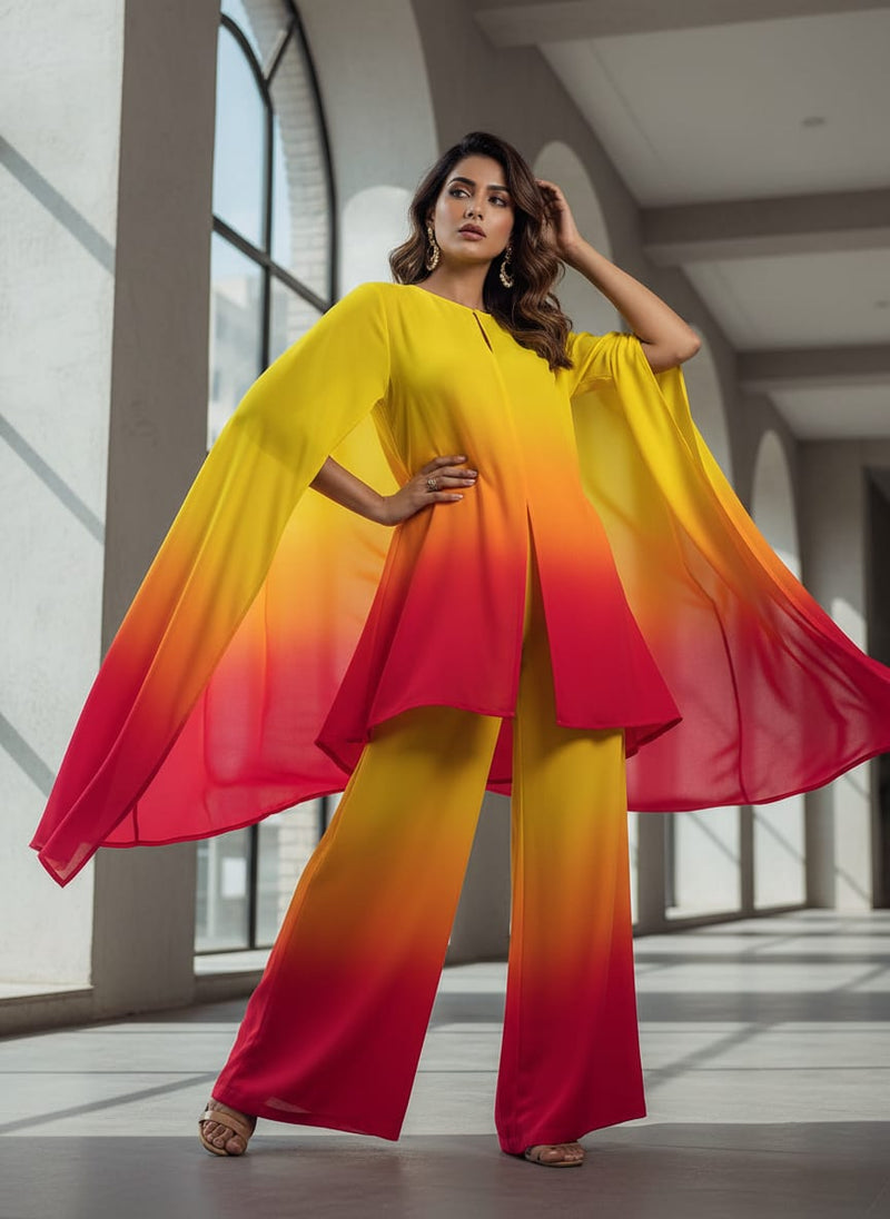 Multicolor Yellow Orange Red Ombre Weightless Digital Printed Fabric