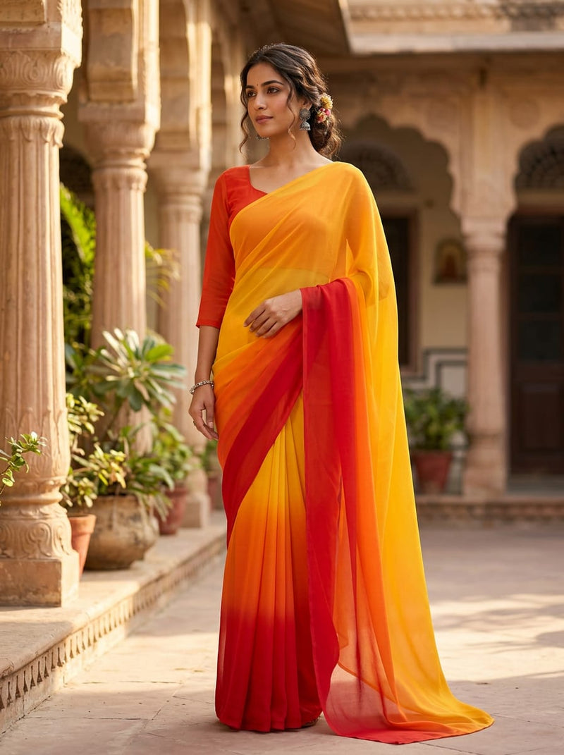 Multicolor Red Orange Yellow Ombre Gradient Pure Georgette Digital Printed Fabric