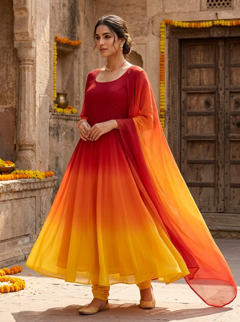 Multicolor Red Orange Yellow Ombre Gradient Pure Georgette Digital Printed Fabric