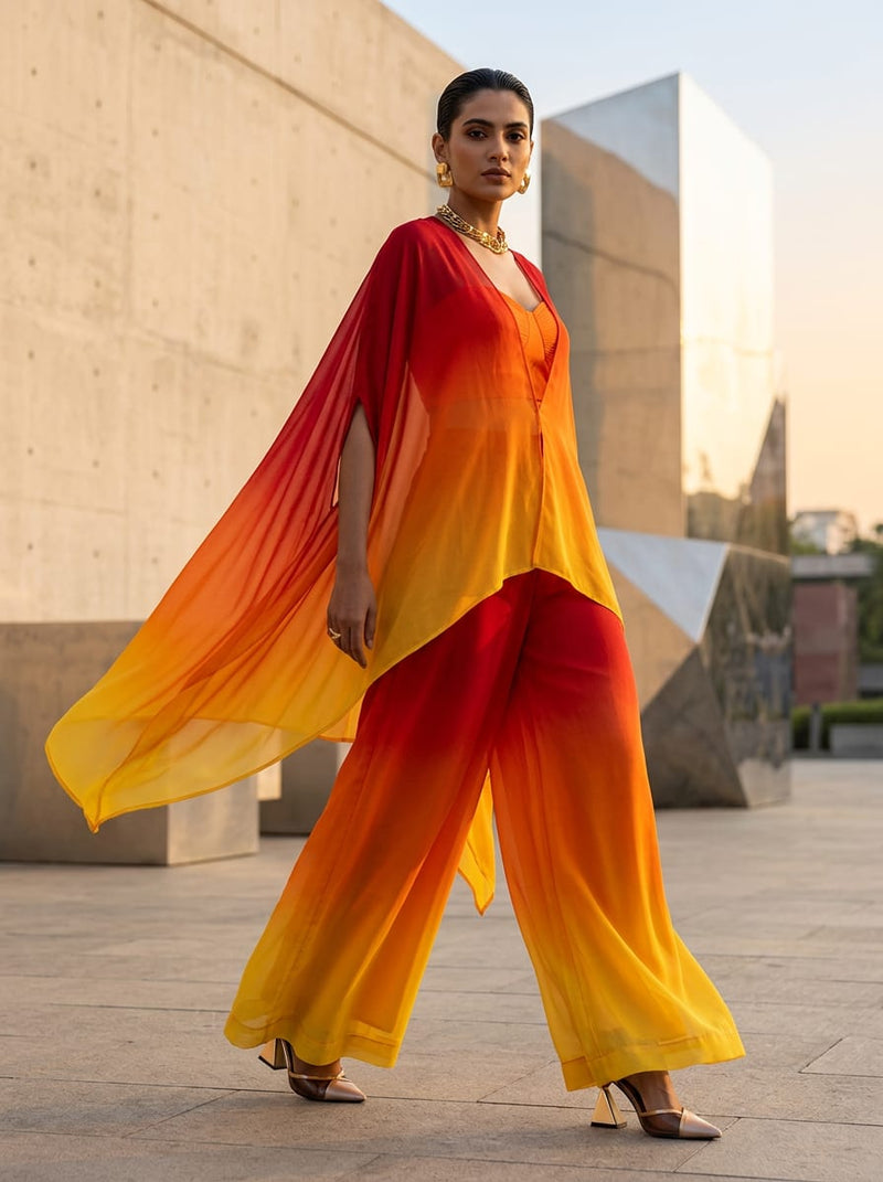 Multicolor Red Orange Yellow Ombre Gradient Pure Georgette Digital Printed Fabric