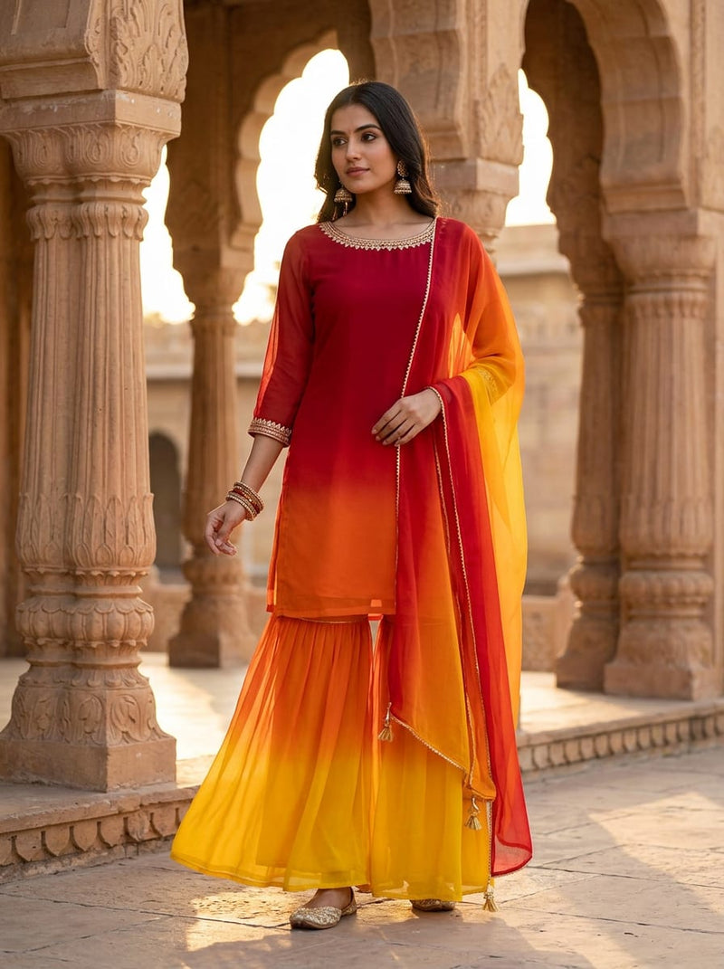 Multicolor Red Orange Yellow Ombre Gradient Pure Georgette Digital Printed Fabric