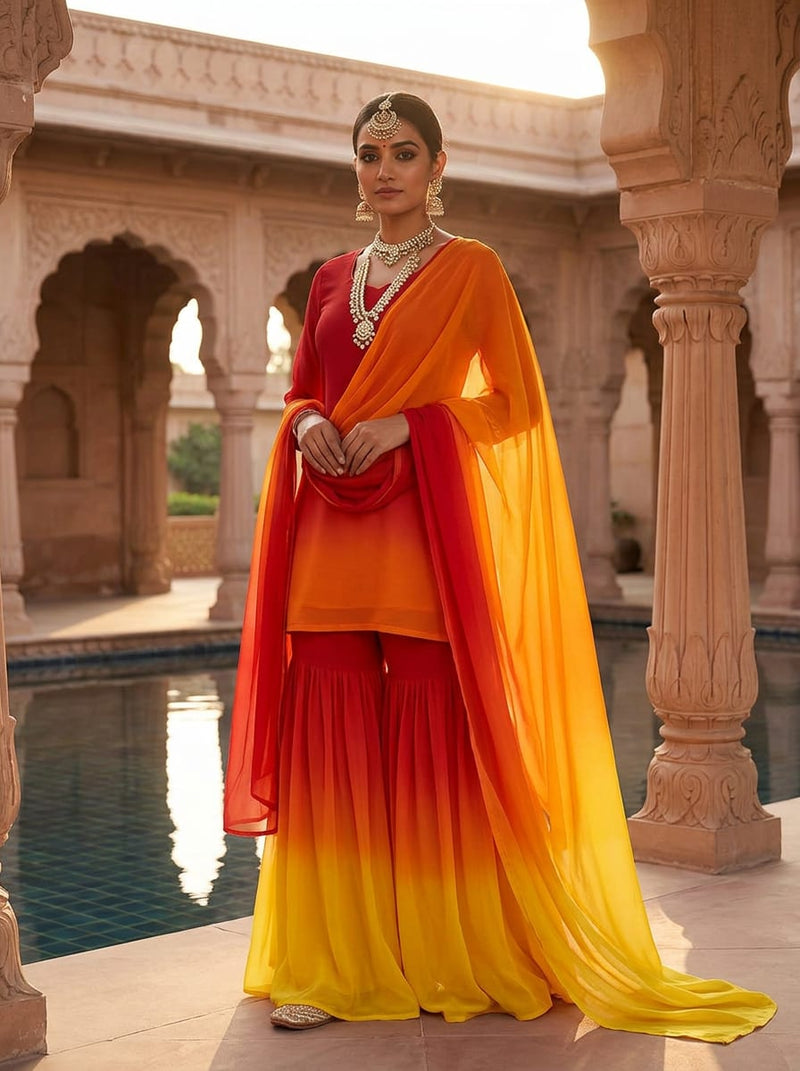 Multicolor Red Orange Yellow Ombre Gradient Pure Georgette Digital Printed Fabric