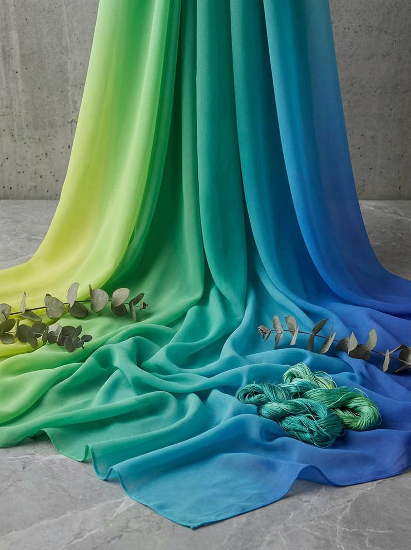 Multicolor Yellow Green and Blue Ombre Weightless Digital Printed Fabric