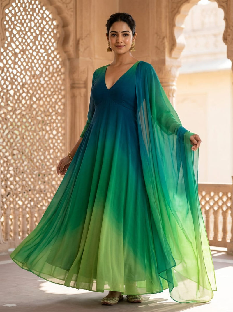 Multicolor Teal and Green Ombre Pure Georgette Digital Printed Fabric