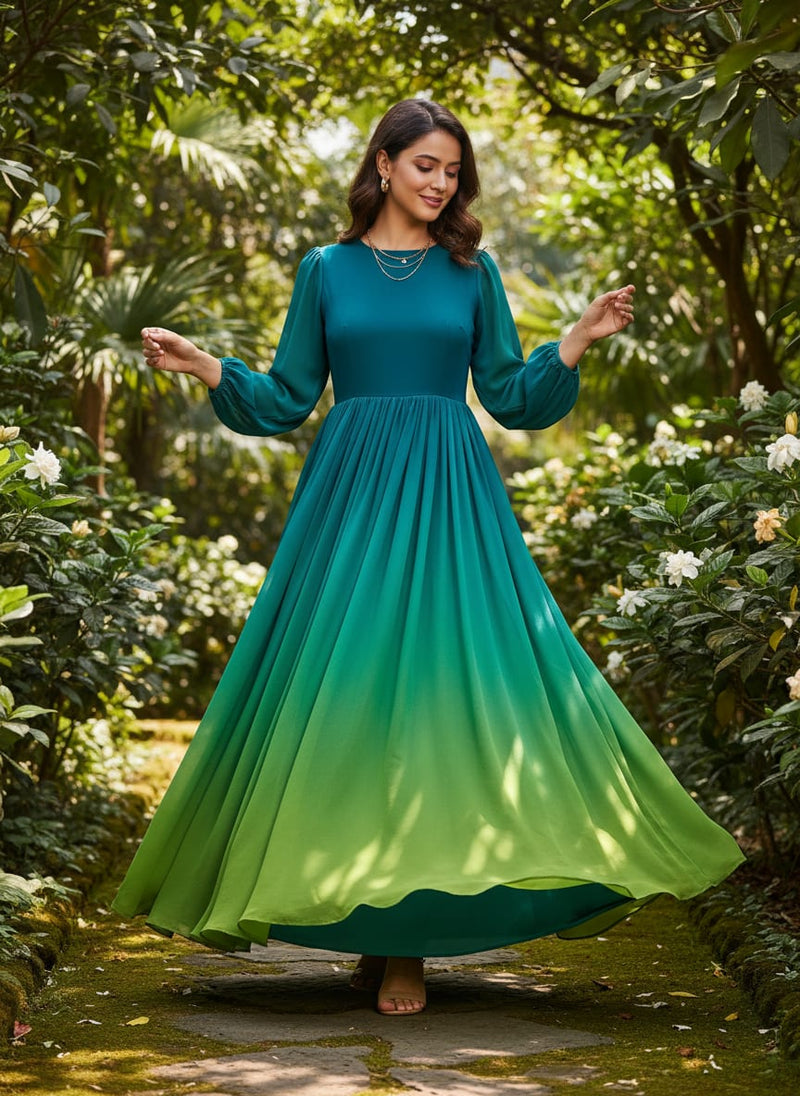 Multicolor Teal and Green Ombre Pure Georgette Digital Printed Fabric