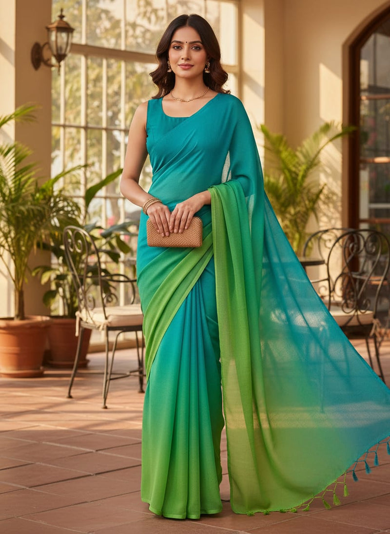 Multicolor Teal and Green Ombre Pure Georgette Digital Printed Fabric