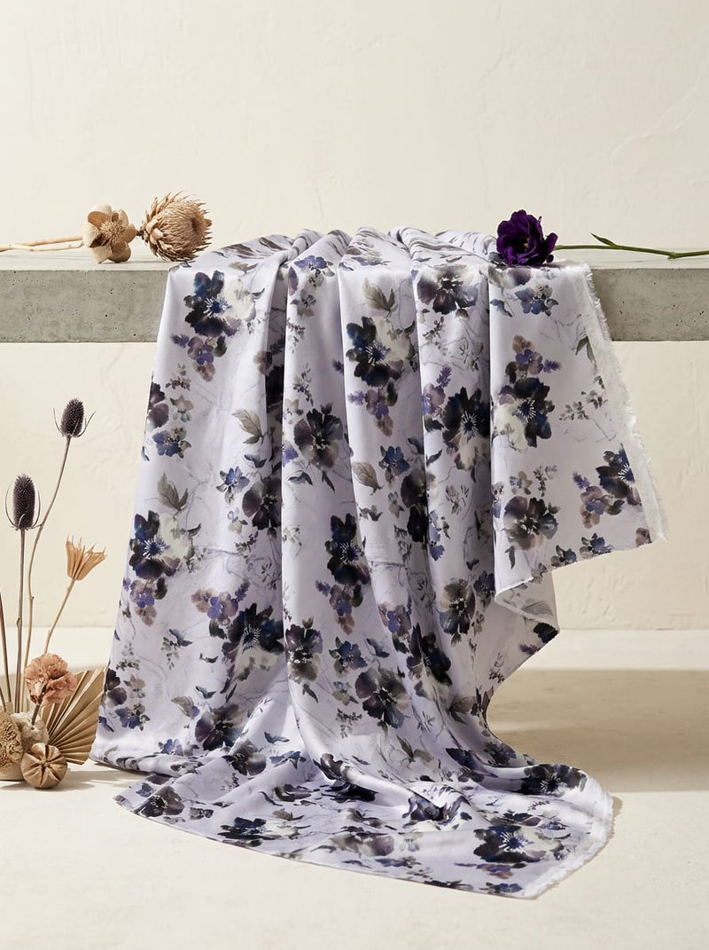 Grey Muted Watercolour Floral Japan Satin Digital Printed Fabric