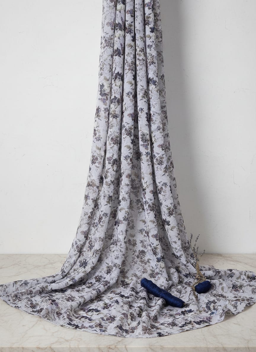 Grey and Blue Muted Watercolour Floral Muslin Digital Printed Fabric
