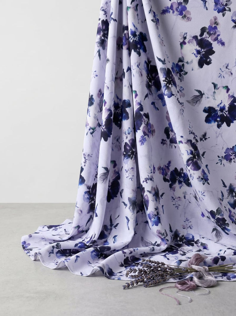 White Abstract Watercolor Floral Silk Crepe Digital Printed Fabric