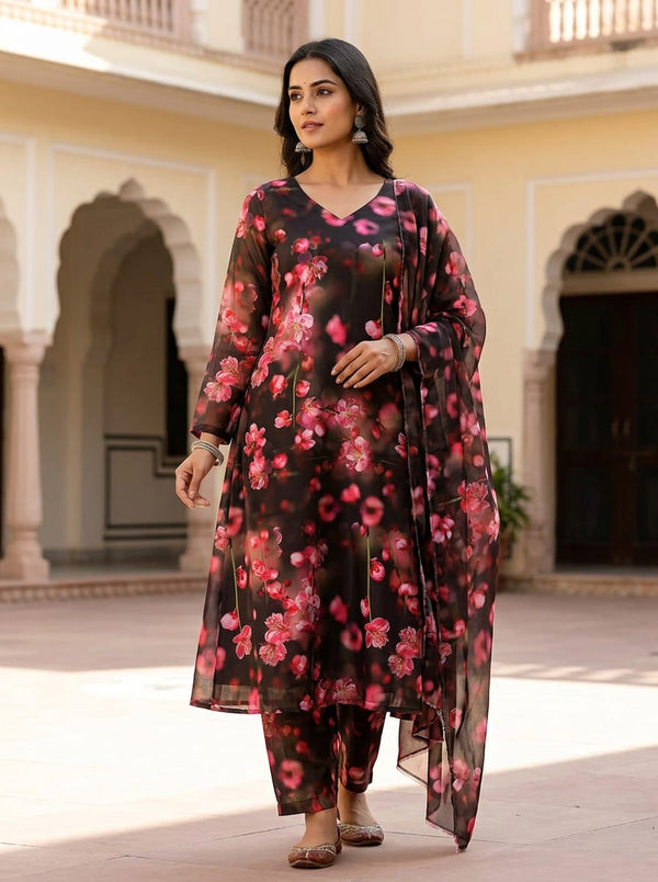 Black Photorealistic Cherry Blossom Floral Kora Silk Digital Printed Fabric - A-Line Kurta with Salwar Lookbook - KS-0-TA08659-110 - alternate view