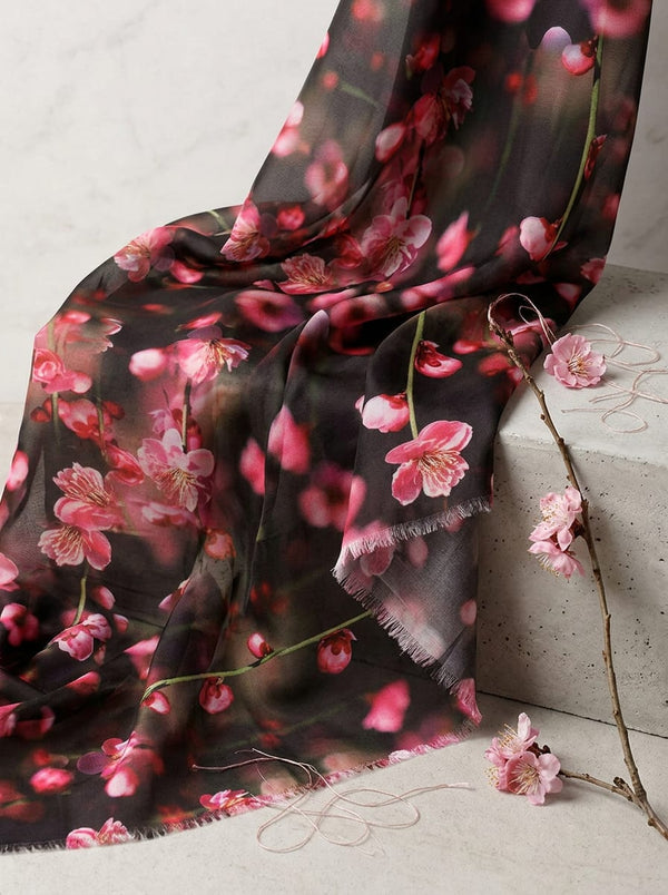 Black Photorealistic Cherry Blossom Floral Kora Silk Digital Printed Fabric - Fabric Editorial Studio Flatlay Lookbook - KS-0-TA08659-110