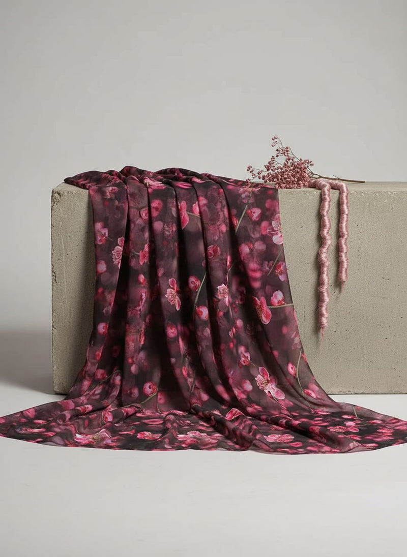 Black Pink Cherry Blossom Floral Weightless Digital Printed Fabric